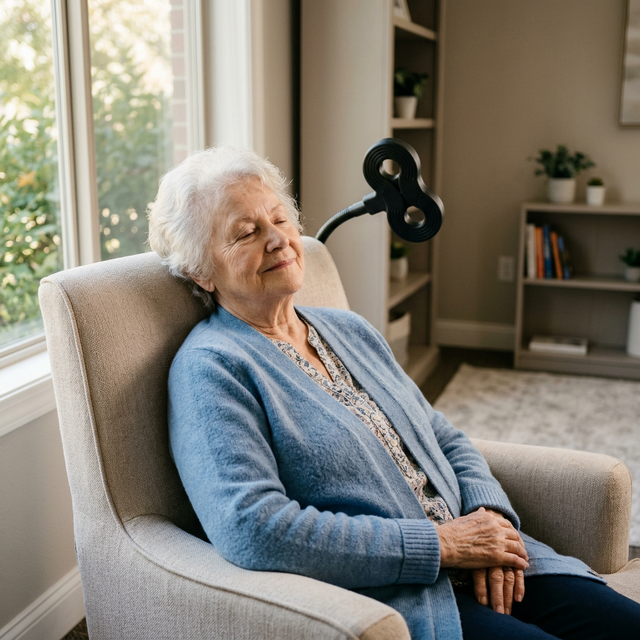 Elderly patient looking peaceful after TMS therapy