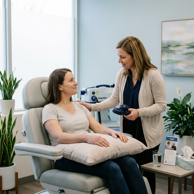 Patient with CRPS preparing for non-invasive TMS therapy