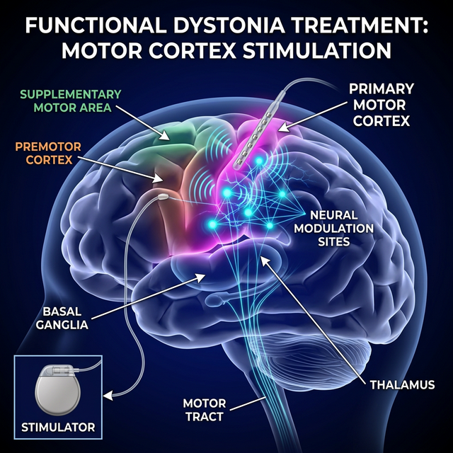 Motor cortex stimulation illustration for functional dystonia treatment