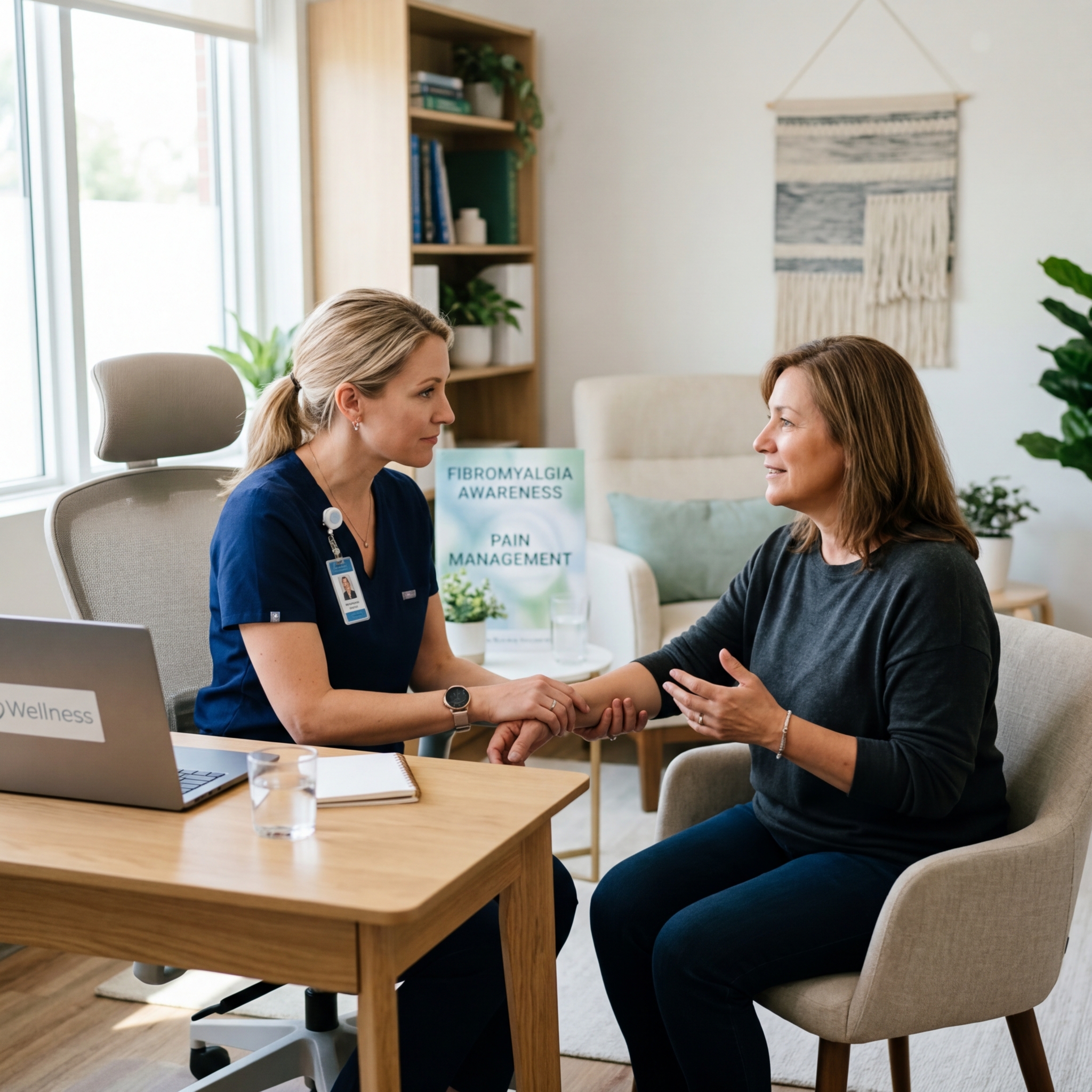 Doctor gently consulting a patient experiencing widespread pain from Fibromyalgia