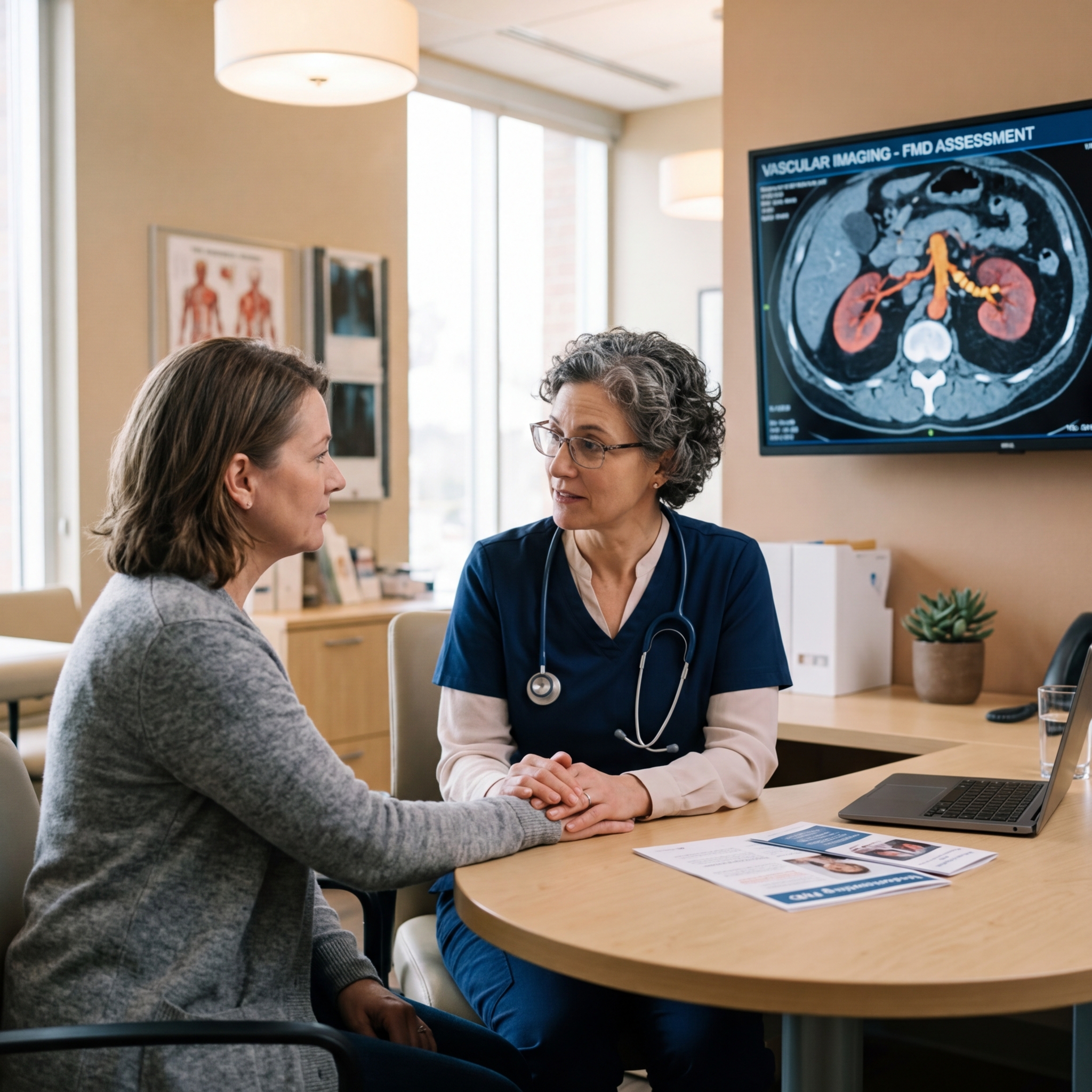 Compassionate doctor consulting with a patient about Fibromuscular Dysplasia (FMD)