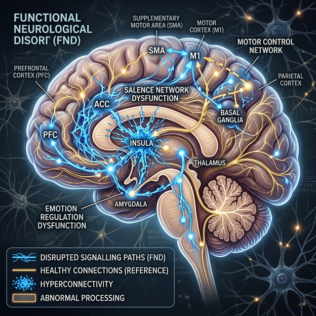 Brain connectivity illustration showing FND circuit dysfunction