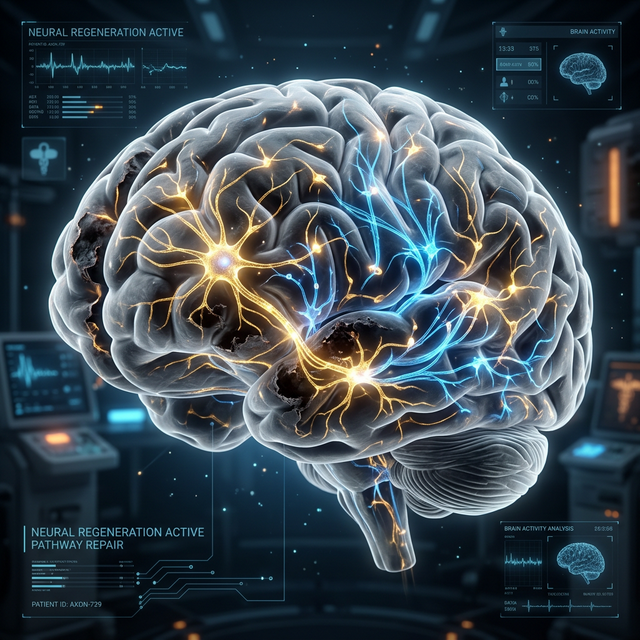 3D brain render showing healing neural pathways from head trauma