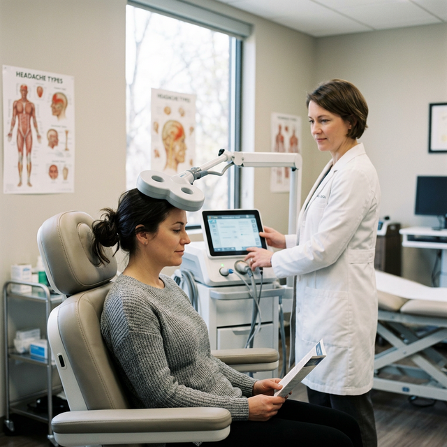 Patient using a localized TMS device on the back of the head