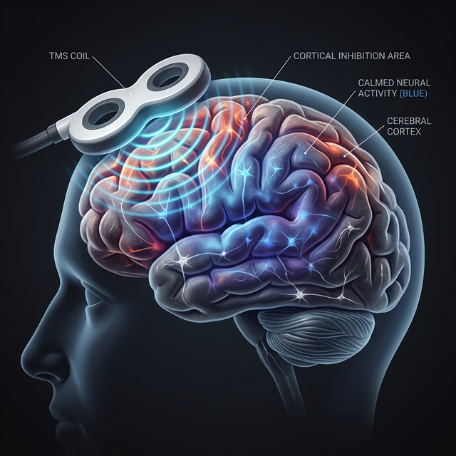 Brain visualization showing cortical inhibition via TMS