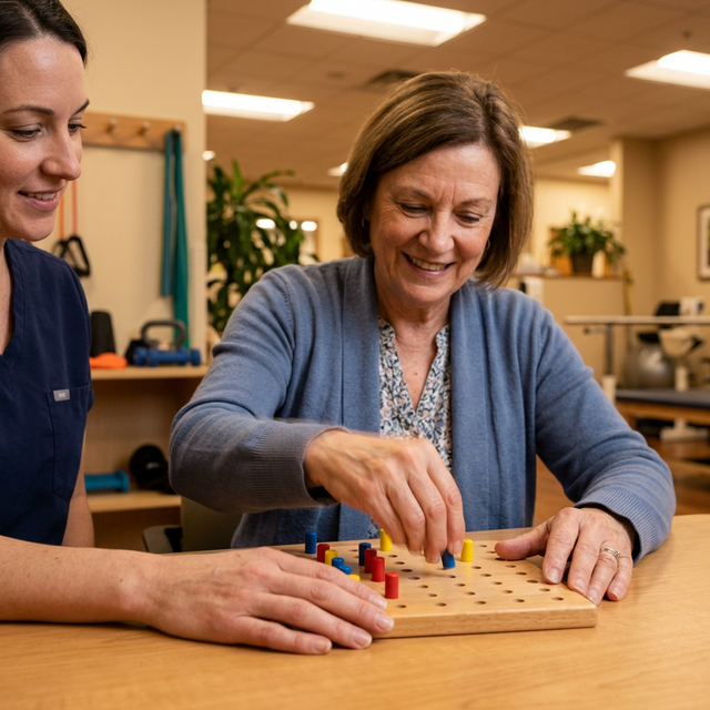 Patient undergoing motor rehabilitation with TMS brain stimulation support