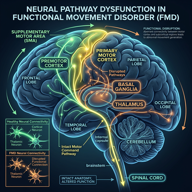 Neural pathway diagram showing motor cortex disruption in functional movement disorder