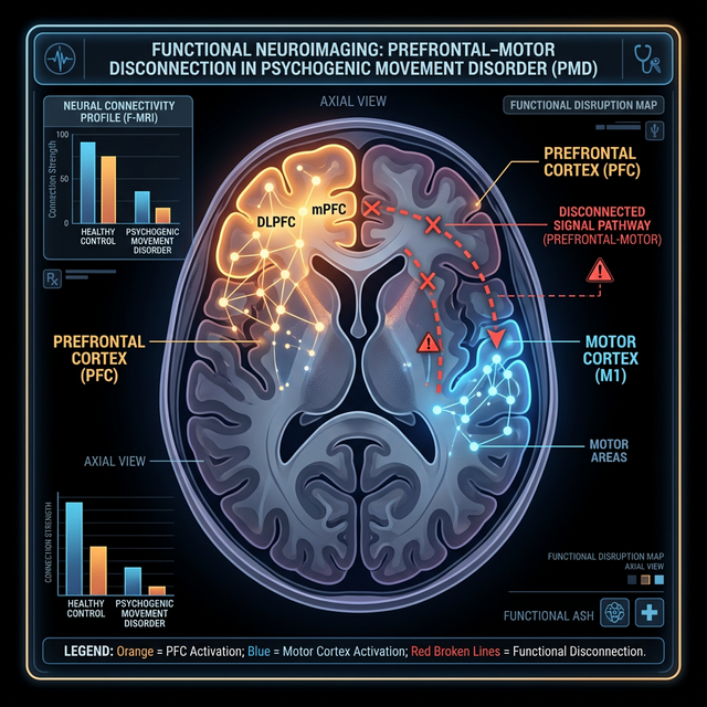 Brain scan highlighting prefrontal-motor disconnection in psychogenic movement disorder