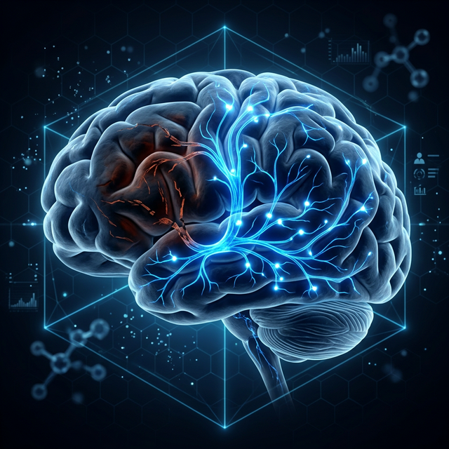 Brain scan showing post-stroke penumbra and TMS stimulation target area