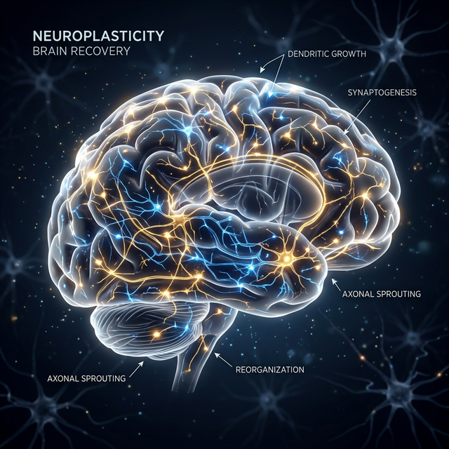 3D rendering of glowing neural networks representing neuroplasticity and brain recovery