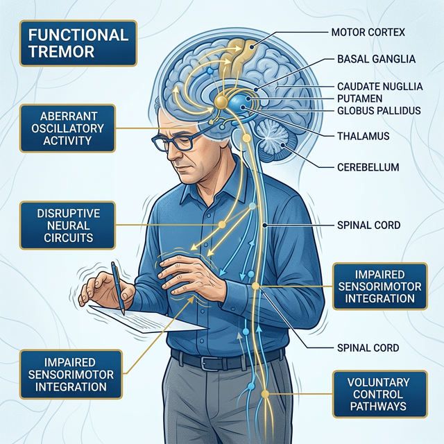 Patient demonstrating functional tremor with brain pathway visualization
